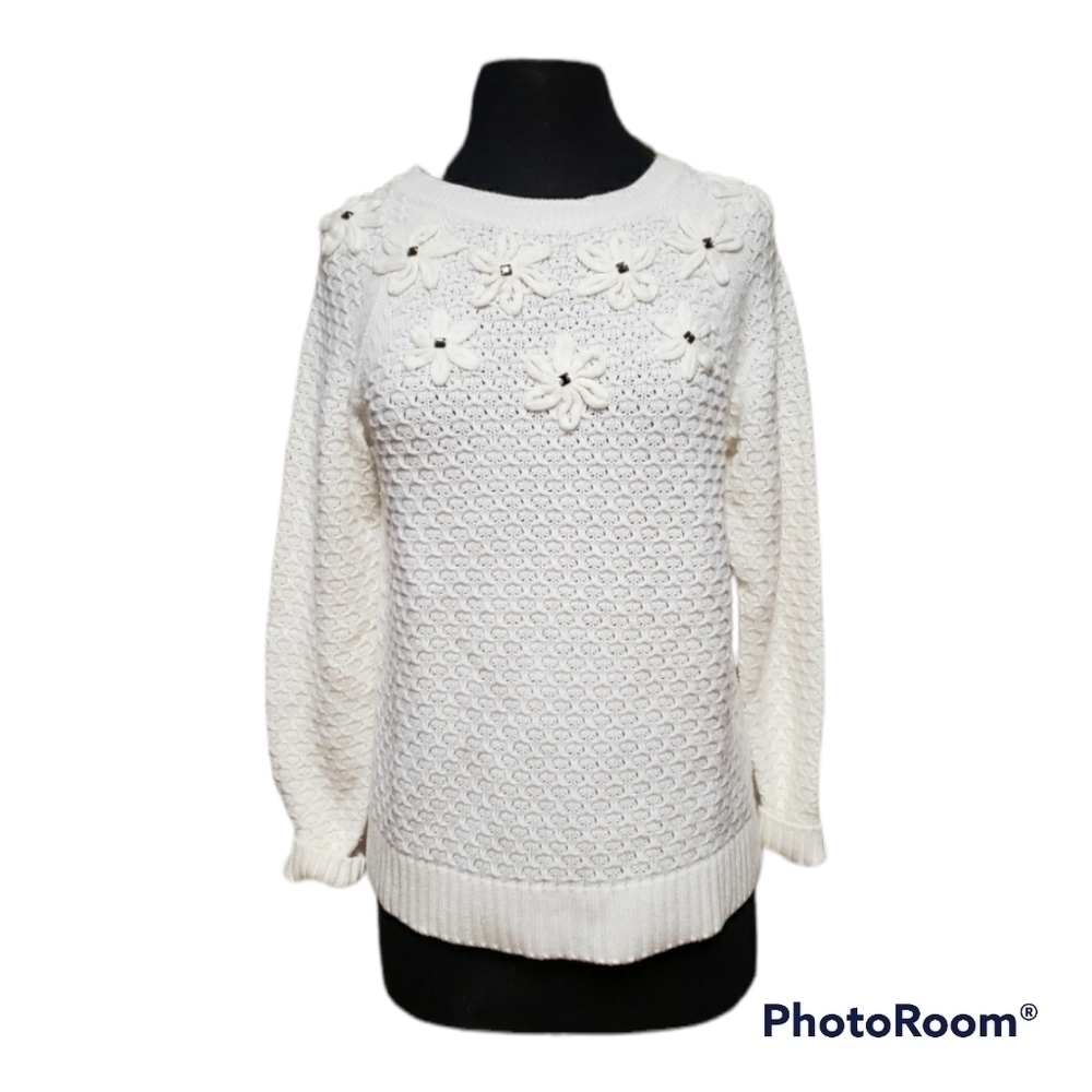 Vintage Floral Open Knit Creamy White Sweater with Beading Embellishments sz.SM - Picture 2 of 8